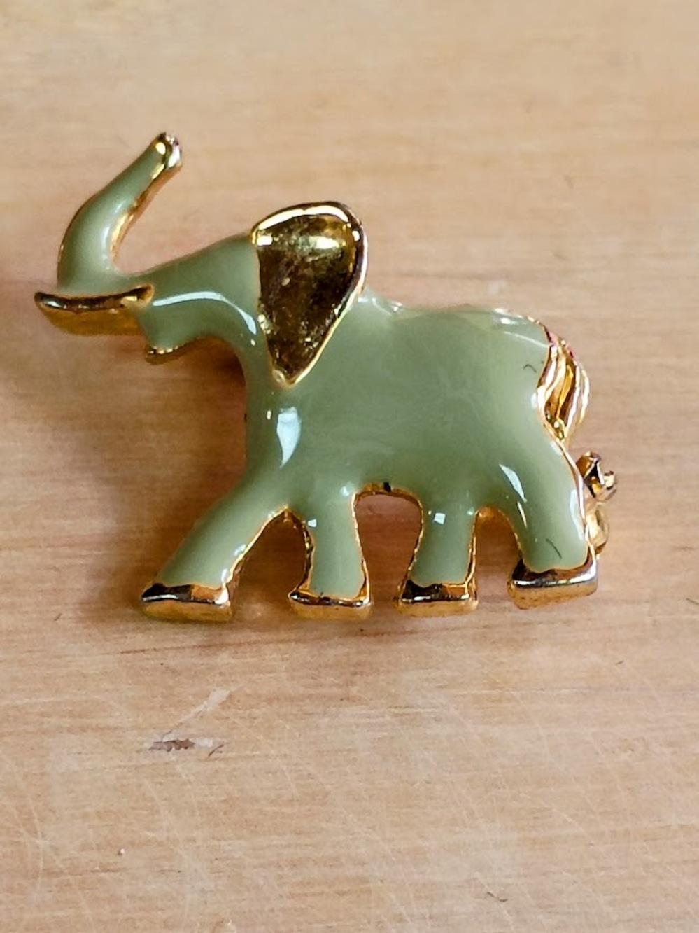 Vintage Elephant Brooch Pin Gold Tone Olive Enamel Body